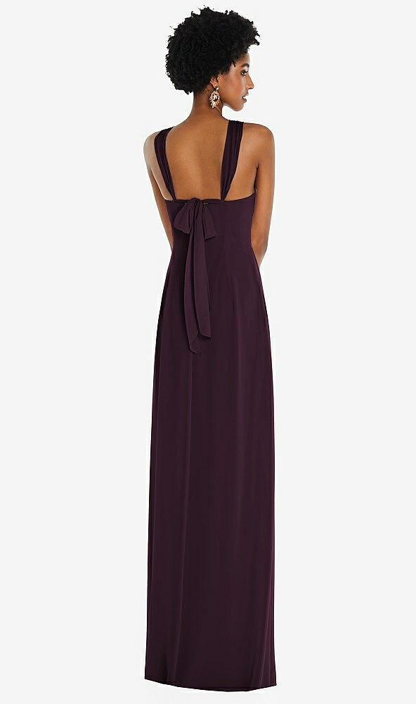 Back View - Deep Plum Draped Chiffon Grecian Column Gown with Convertible Straps
