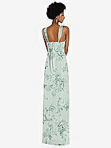 Rear View Thumbnail - Mint Green Floral Draped Chiffon Grecian Column Gown with Convertible Straps