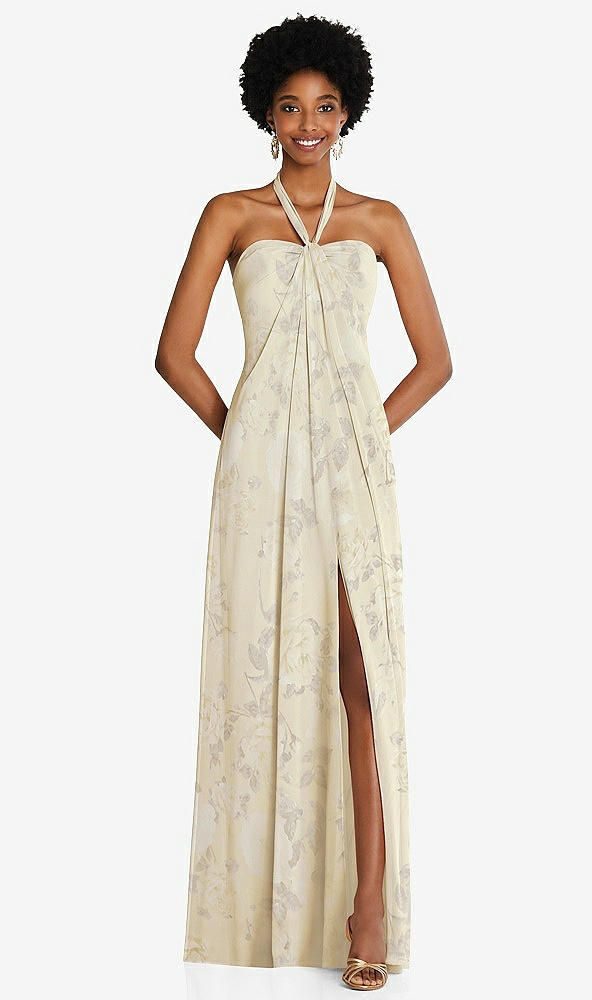 Front View - Butter Yellow Floral Draped Chiffon Grecian Column Gown with Convertible Straps