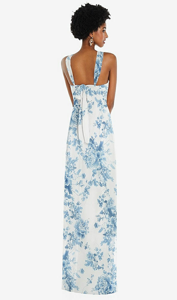 Back View - Cottage Rose Dusk Blue Draped Chiffon Grecian Column Gown with Convertible Straps