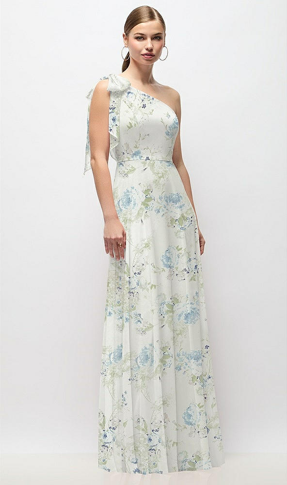 Front View - Bleu Garden Draped One-Shoulder Maxi Dress with Scarf Bow