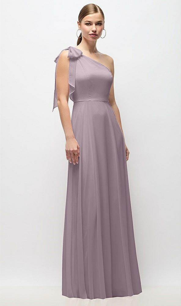 Front View - Lilac Dusk Draped One-Shoulder Maxi Dress with Scarf Bow