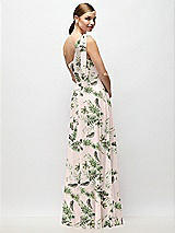 Rear View Thumbnail - Palm Beach Print Draped One-Shoulder Maxi Dress with Scarf Bow