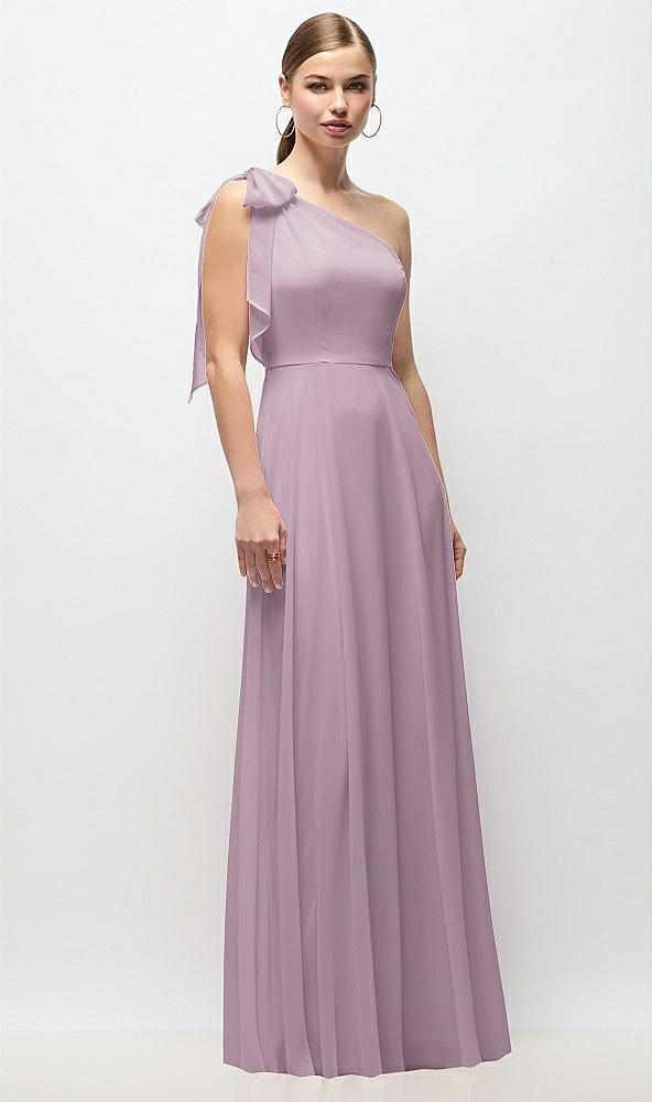 Front View - Suede Rose Draped One-Shoulder Maxi Dress with Scarf Bow