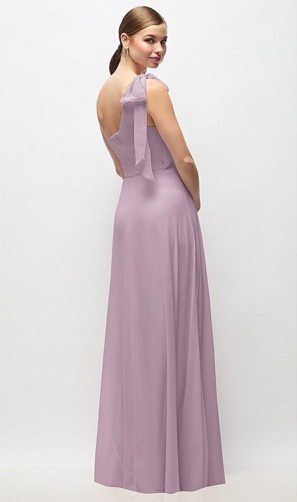Back View - Suede Rose Draped One-Shoulder Maxi Dress with Scarf Bow