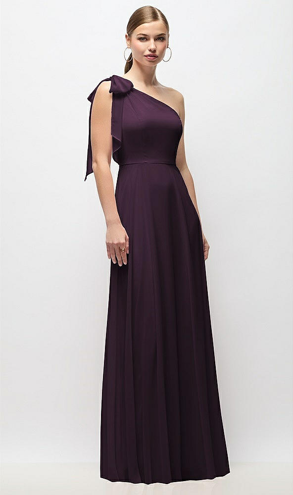 Front View - Aubergine Draped One-Shoulder Maxi Dress with Scarf Bow