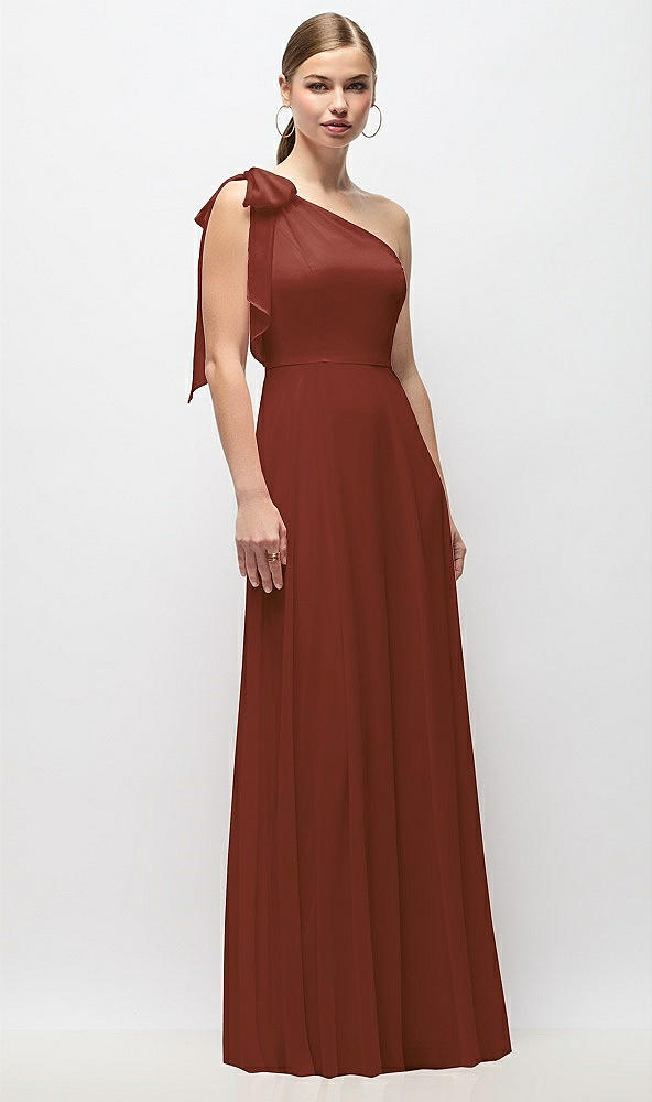 Front View - Auburn Moon Draped One-Shoulder Maxi Dress with Scarf Bow