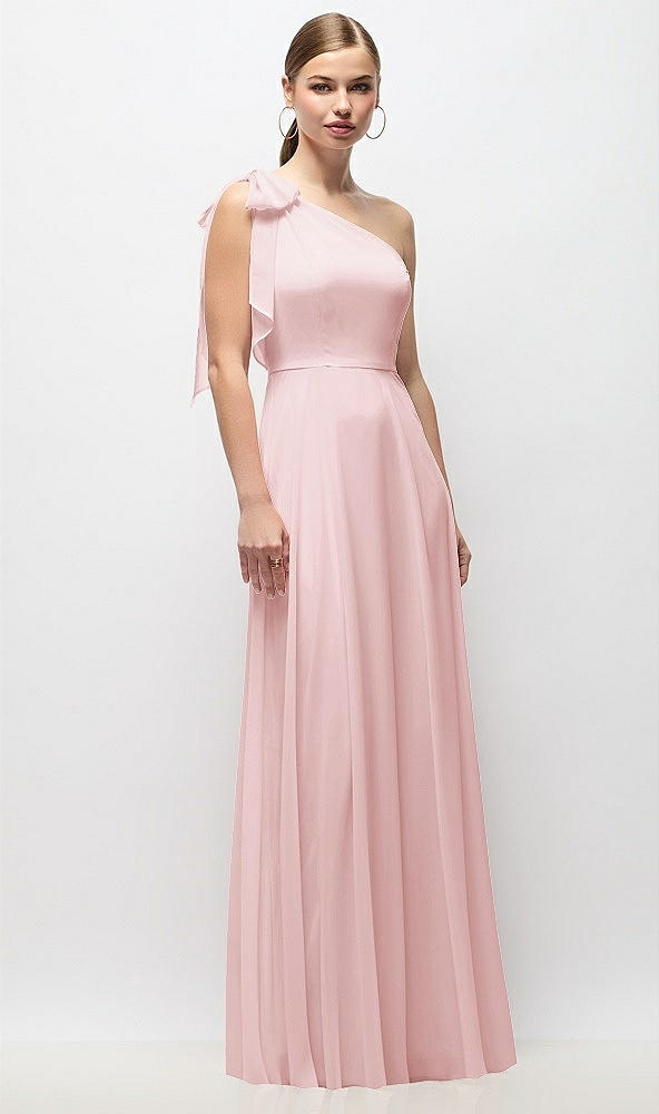 Front View - Ballet Pink Draped One-Shoulder Maxi Dress with Scarf Bow