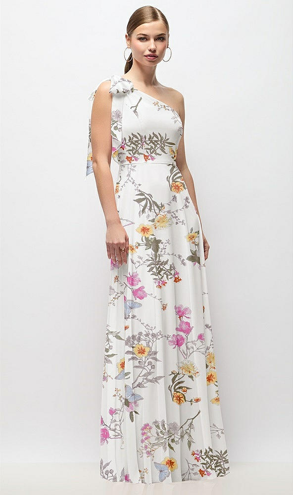 Front View - Butterfly Botanica Ivory Draped One-Shoulder Maxi Dress with Scarf Bow