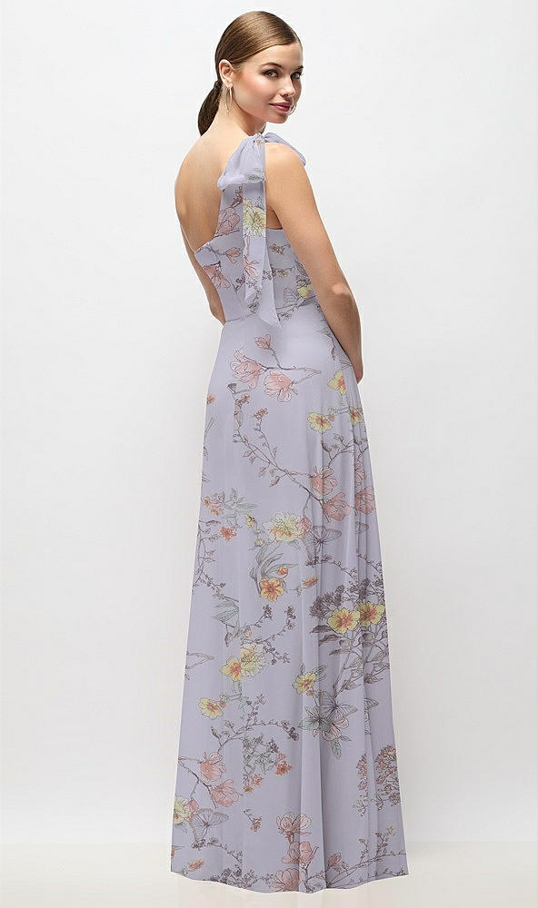 Back View - Butterfly Botanica Silver Dove Draped One-Shoulder Maxi Dress with Scarf Bow
