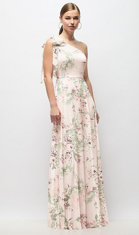 Front View - Blush Garden Draped One-Shoulder Maxi Dress with Scarf Bow