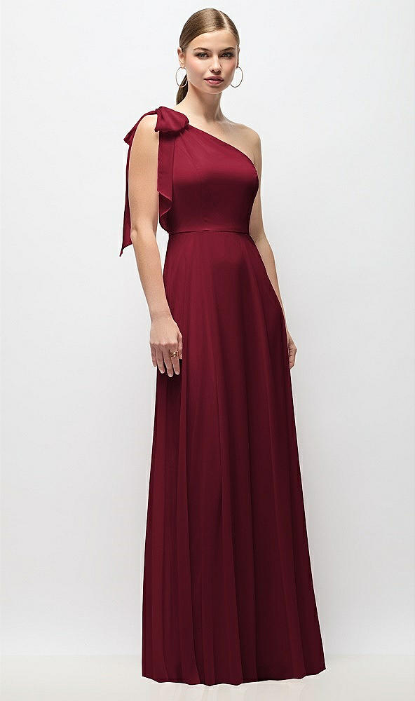 Front View - Burgundy Draped One-Shoulder Maxi Dress with Scarf Bow