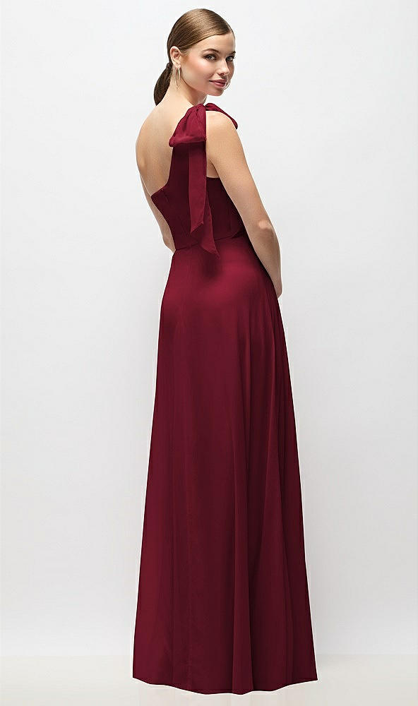 Back View - Burgundy Draped One-Shoulder Maxi Dress with Scarf Bow