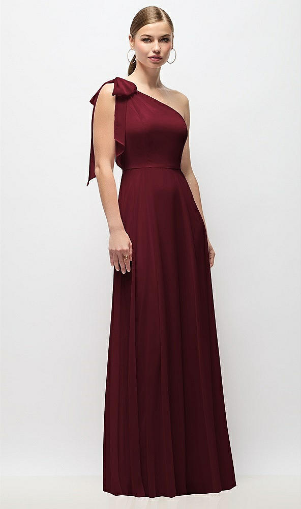 Front View - Cabernet Draped One-Shoulder Maxi Dress with Scarf Bow