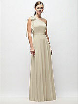 Front View Thumbnail - Champagne Draped One-Shoulder Maxi Dress with Scarf Bow