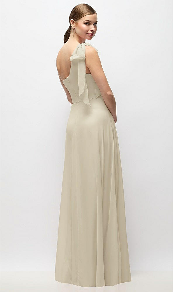 Back View - Champagne Draped One-Shoulder Maxi Dress with Scarf Bow