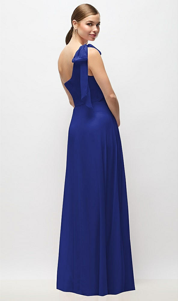 Back View - Cobalt Blue Draped One-Shoulder Maxi Dress with Scarf Bow
