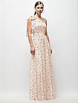 Front View Thumbnail - Coquette Floral Print Draped One-Shoulder Maxi Dress with Scarf Bow