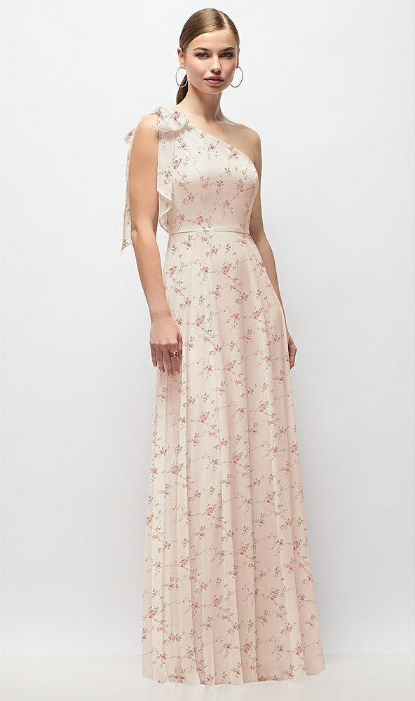 Front View - Coquette Floral Print Draped One-Shoulder Maxi Dress with Scarf Bow