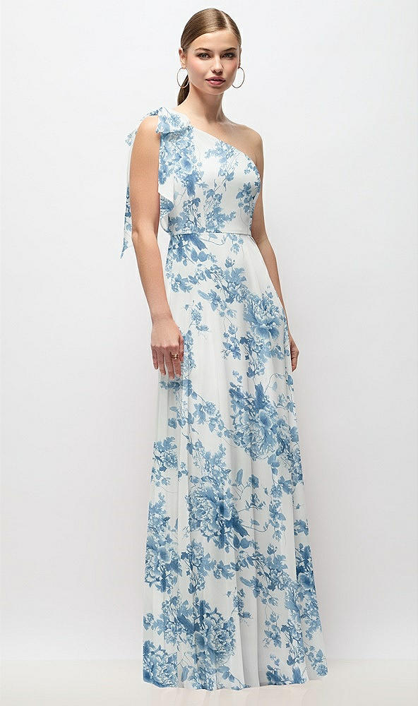 Front View - Cottage Rose Dusk Blue Draped One-Shoulder Maxi Dress with Scarf Bow