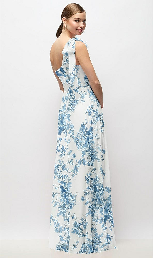 Back View - Cottage Rose Dusk Blue Draped One-Shoulder Maxi Dress with Scarf Bow