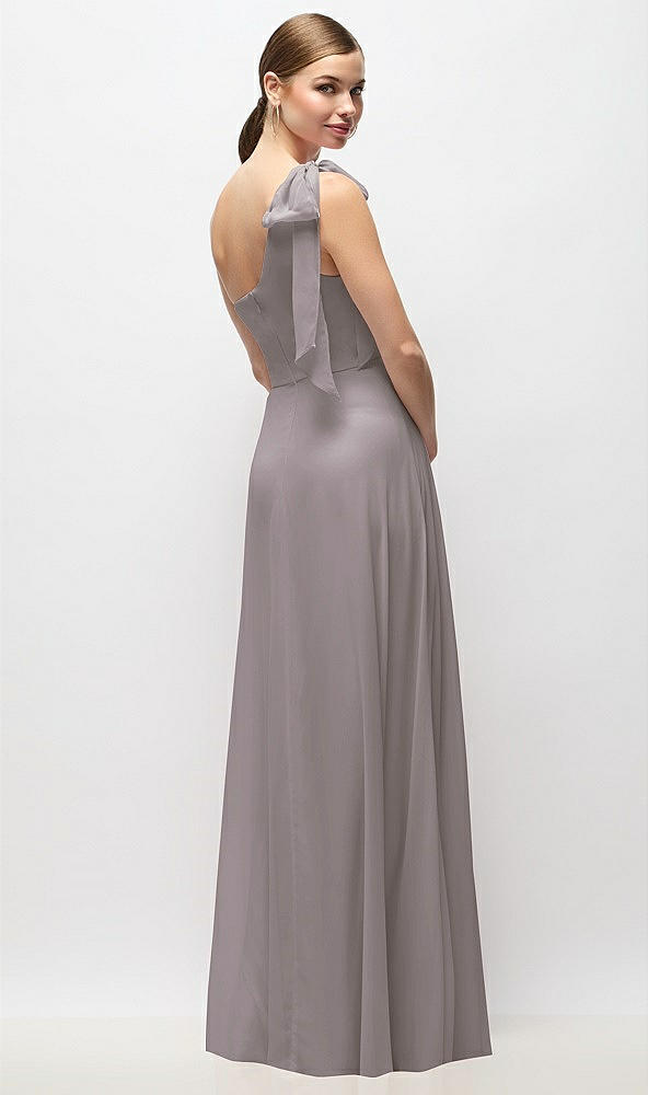 Back View - Cashmere Gray Draped One-Shoulder Maxi Dress with Scarf Bow