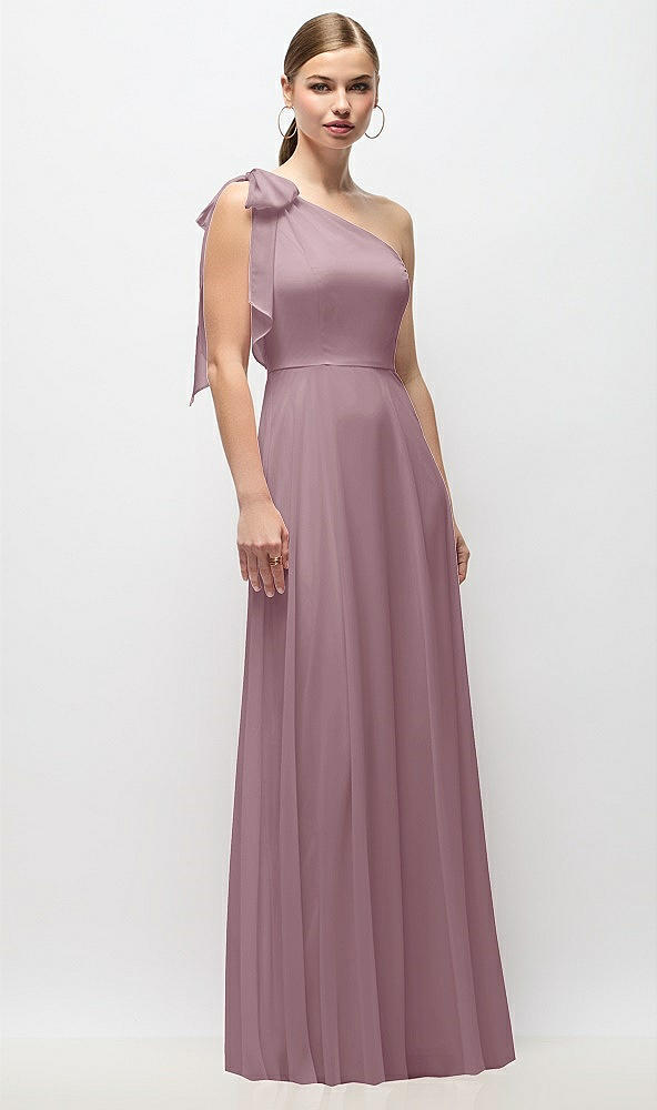 Front View - Dusty Rose Draped One-Shoulder Maxi Dress with Scarf Bow