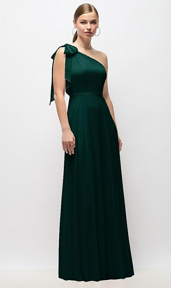 Front View - Evergreen Draped One-Shoulder Maxi Dress with Scarf Bow