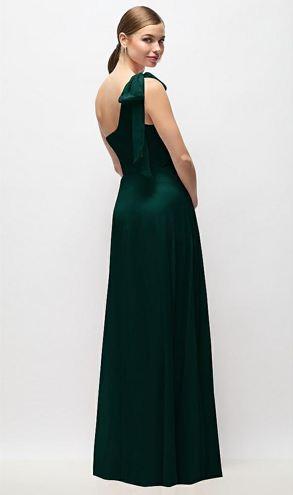 Back View - Evergreen Draped One-Shoulder Maxi Dress with Scarf Bow