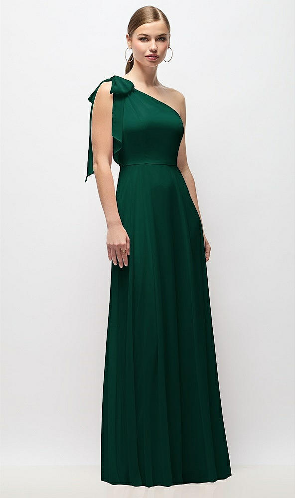 Front View - Hunter Green Draped One-Shoulder Maxi Dress with Scarf Bow