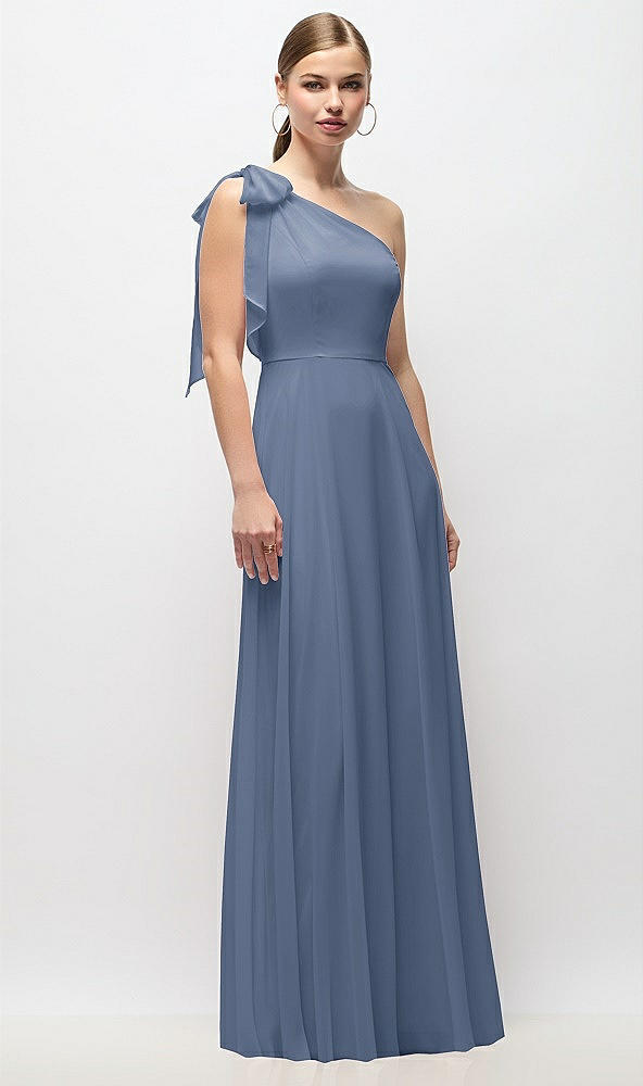 Front View - Larkspur Blue Draped One-Shoulder Maxi Dress with Scarf Bow