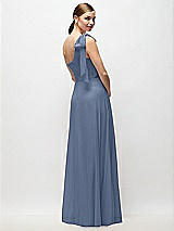 Rear View Thumbnail - Larkspur Blue Draped One-Shoulder Maxi Dress with Scarf Bow