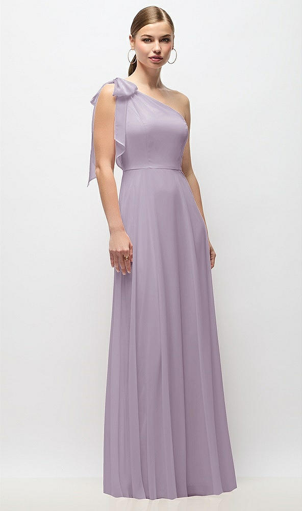 Front View - Lilac Haze Draped One-Shoulder Maxi Dress with Scarf Bow