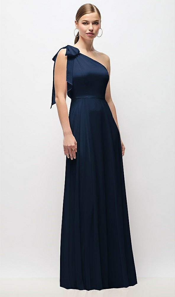 Front View - Midnight Navy Draped One-Shoulder Maxi Dress with Scarf Bow