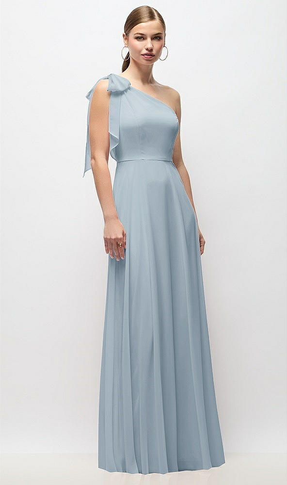Front View - Mist Draped One-Shoulder Maxi Dress with Scarf Bow