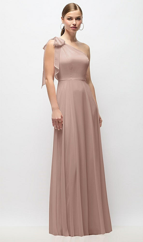 Front View - Neu Nude Draped One-Shoulder Maxi Dress with Scarf Bow