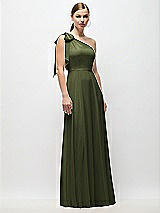 Front View Thumbnail - Olive Green Draped One-Shoulder Maxi Dress with Scarf Bow