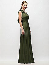 Side View Thumbnail - Olive Green Draped One-Shoulder Maxi Dress with Scarf Bow