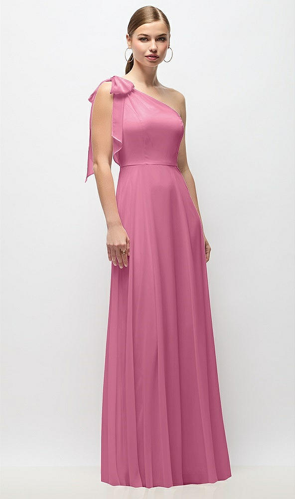 Front View - Orchid Pink Draped One-Shoulder Maxi Dress with Scarf Bow