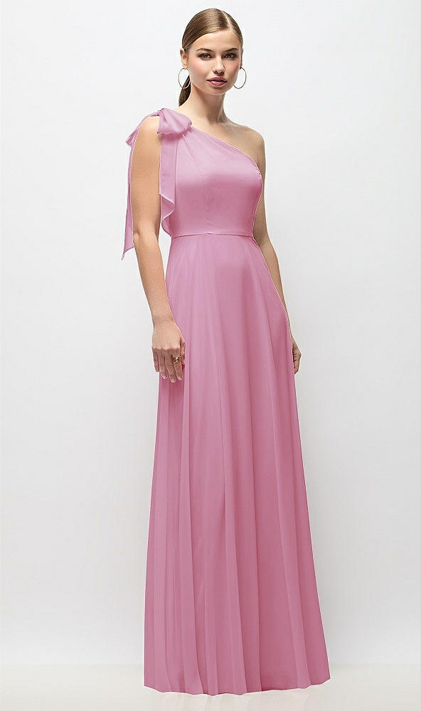 Front View - Powder Pink Draped One-Shoulder Maxi Dress with Scarf Bow