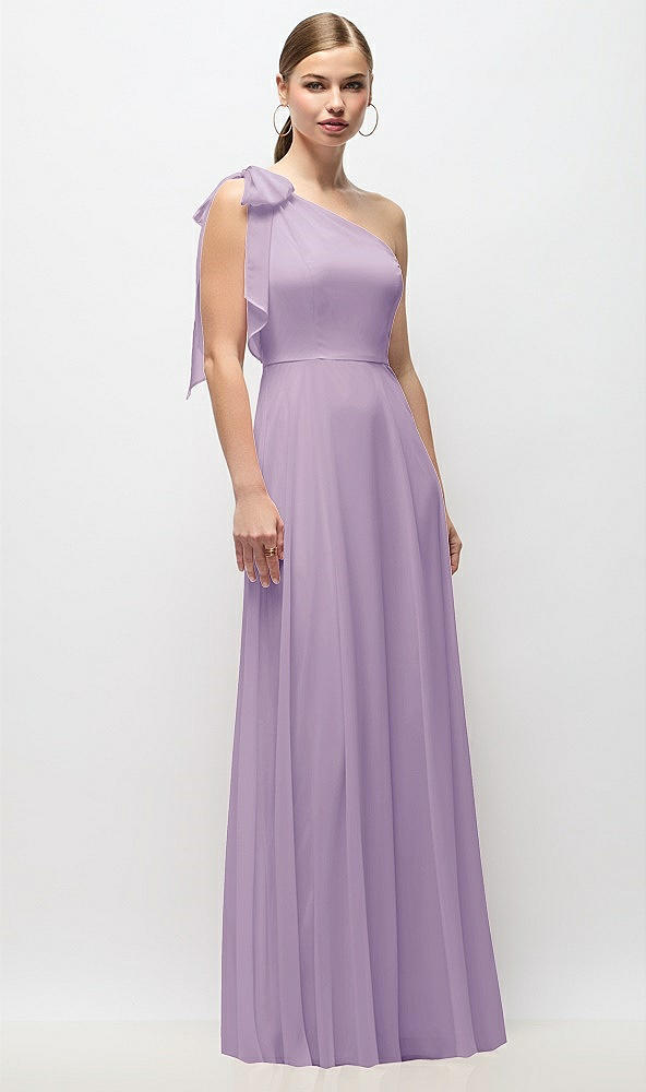 Front View - Pale Purple Draped One-Shoulder Maxi Dress with Scarf Bow