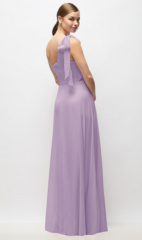 Back View - Pale Purple Draped One-Shoulder Maxi Dress with Scarf Bow