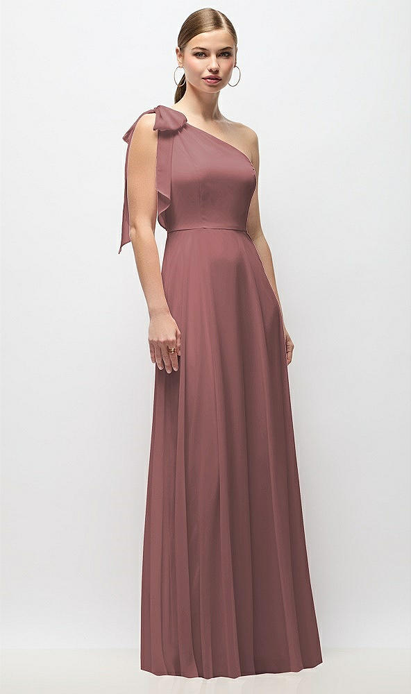 Front View - Rosewood Draped One-Shoulder Maxi Dress with Scarf Bow