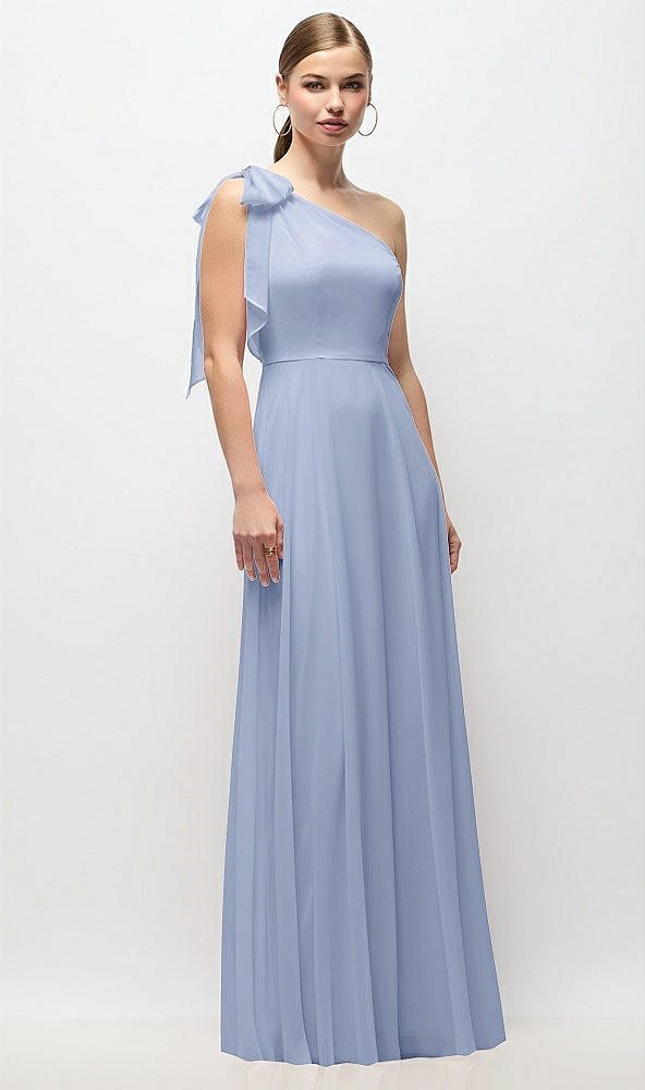 Front View - Sky Blue Draped One-Shoulder Maxi Dress with Scarf Bow