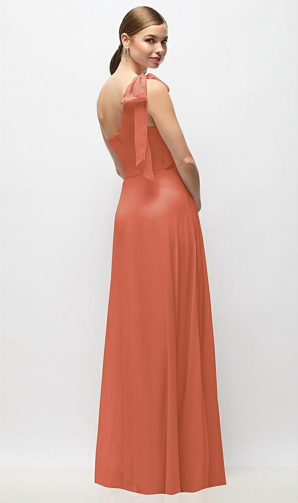 Back View - Terracotta Copper Draped One-Shoulder Maxi Dress with Scarf Bow