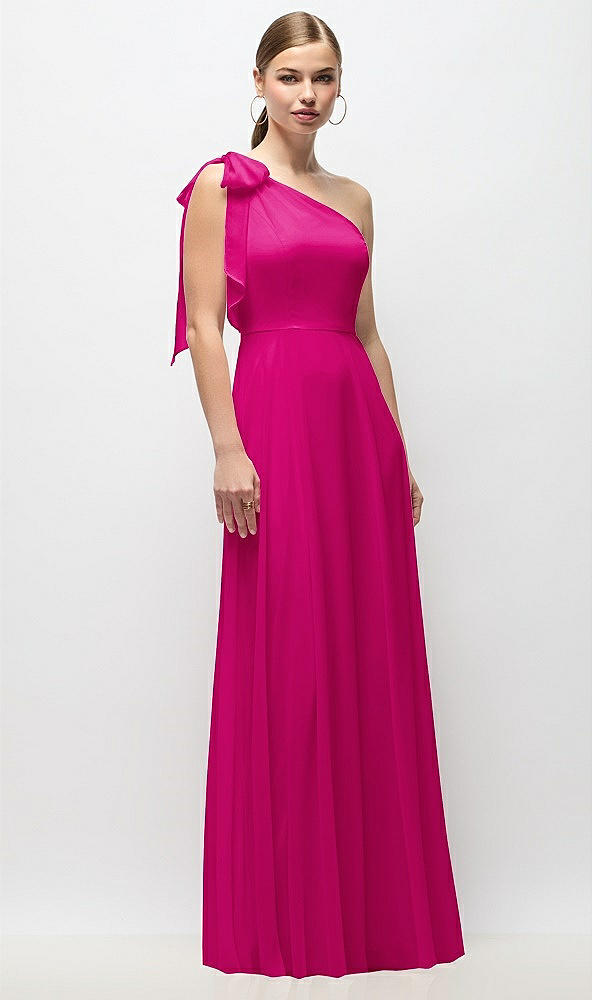 Front View - Think Pink Draped One-Shoulder Maxi Dress with Scarf Bow