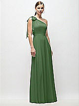 Front View Thumbnail - Vineyard Green Draped One-Shoulder Maxi Dress with Scarf Bow