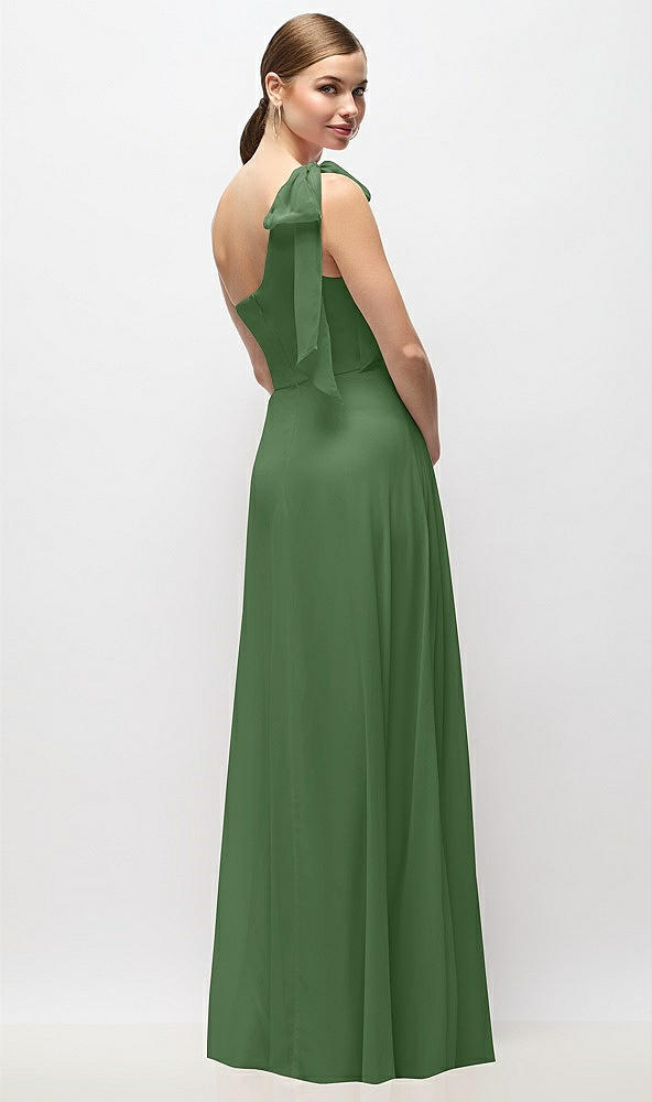 Back View - Vineyard Green Draped One-Shoulder Maxi Dress with Scarf Bow