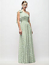 Front View Thumbnail - Vintage Primrose Sage Draped One-Shoulder Maxi Dress with Scarf Bow