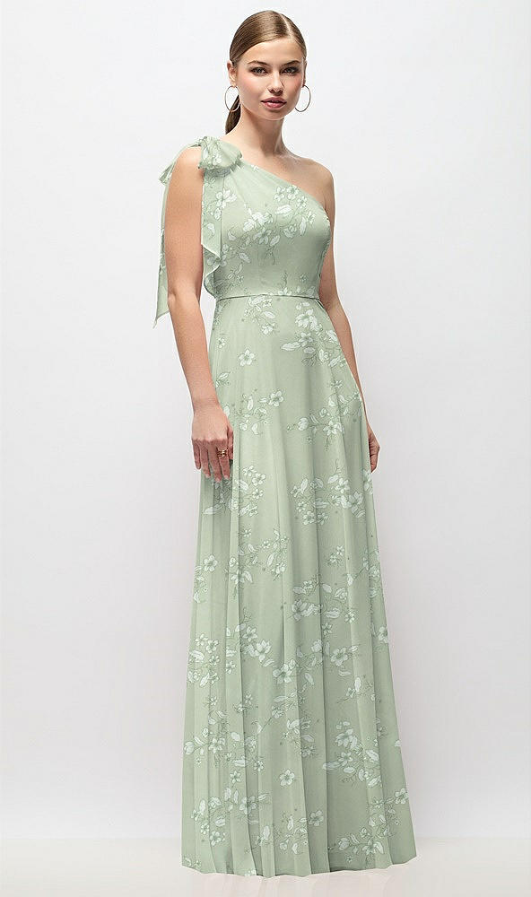 Front View - Vintage Primrose Sage Draped One-Shoulder Maxi Dress with Scarf Bow